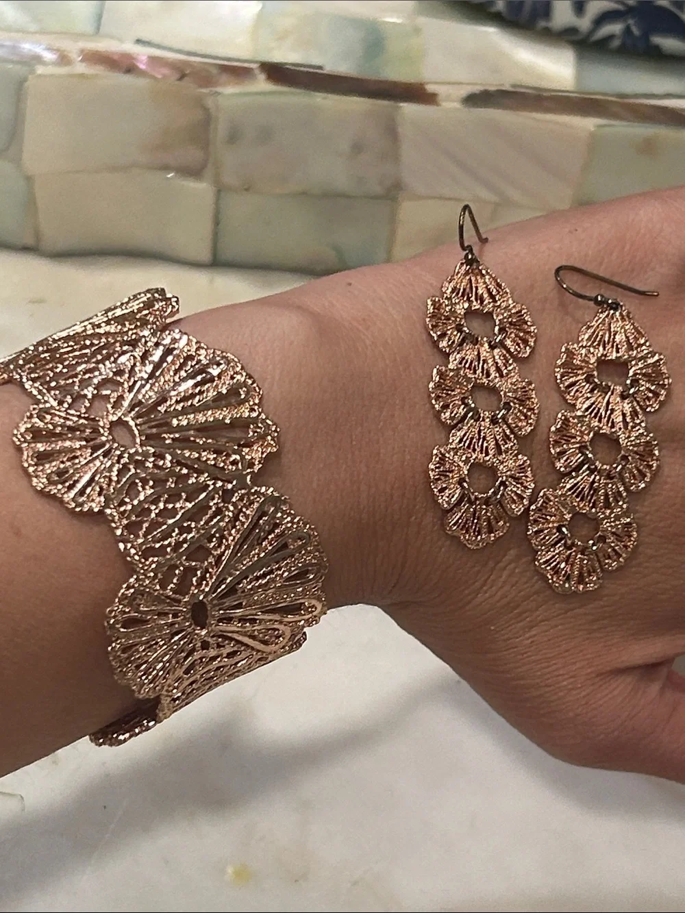 Retired Stella & Dot Geneve Rose Gold Filigree Cuff Bracelet with Drop Earrings